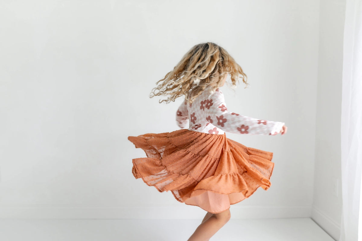 Kids Taupe Flower Check Print Swiss Dot Fall Dress