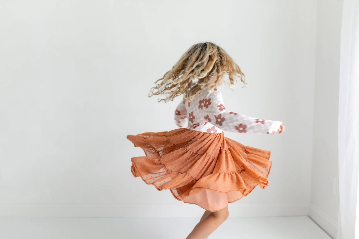 Kids Taupe Flower Check Print Swiss Dot Fall Dress