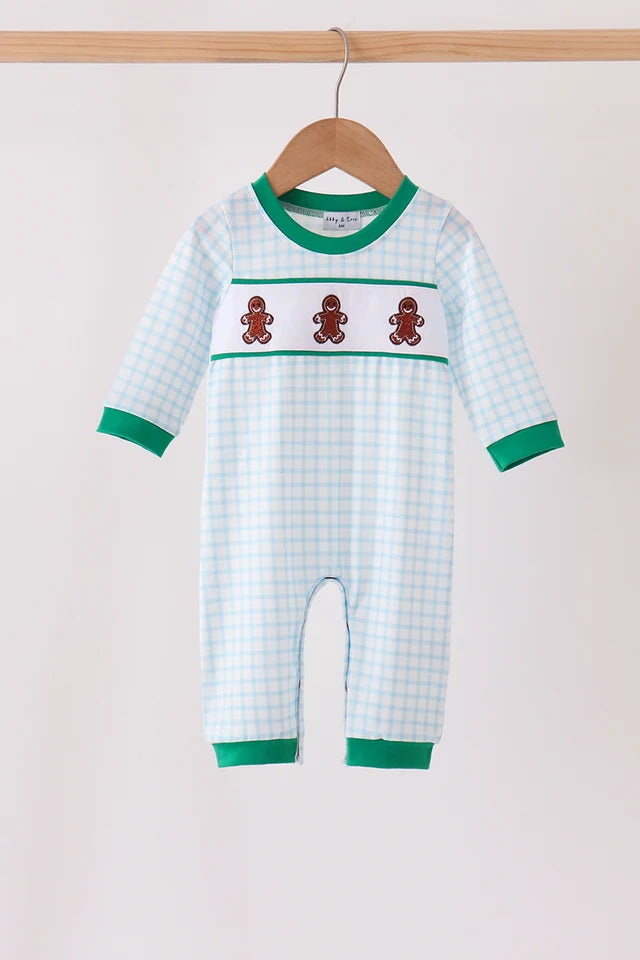 Blue Plaid Gingerbread Embroidery Romper