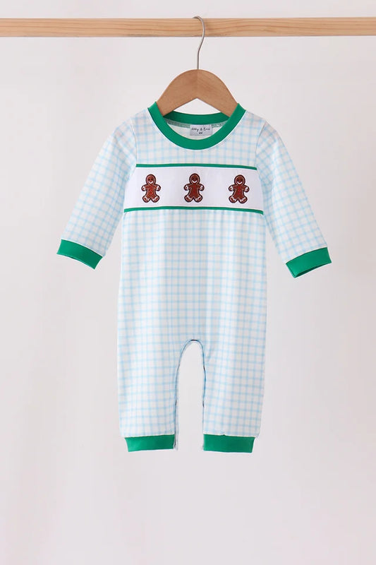 Blue Plaid Gingerbread Embroidery Romper