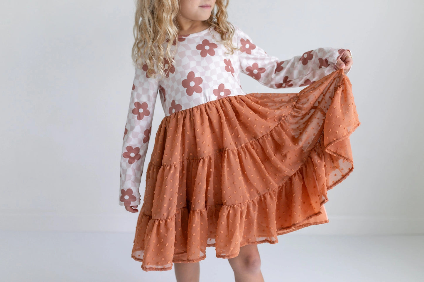 Kids Taupe Flower Check Print Swiss Dot Fall Dress