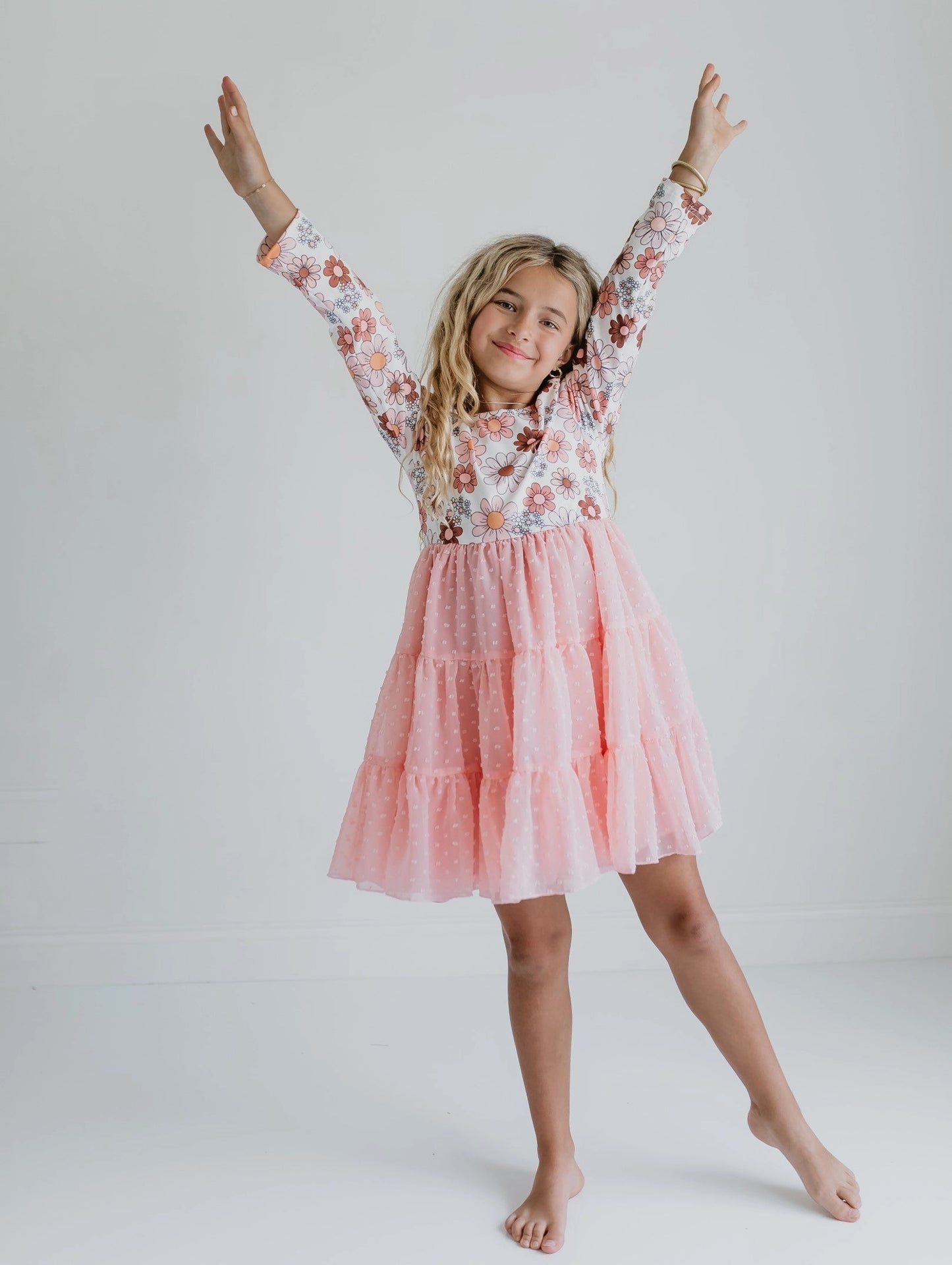 Girls Pink Retro Flower Print Swiss Dot Tulle Fall Dress