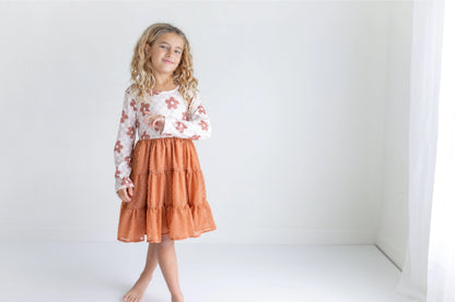 Kids Taupe Flower Check Print Swiss Dot Fall Dress