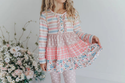 Girls Sand Floral 3 Tiered Fall Ruffle Button Legging Set