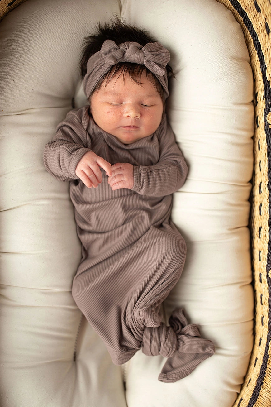 Cocoa Brown Ribbed Knotted Gown + Bow