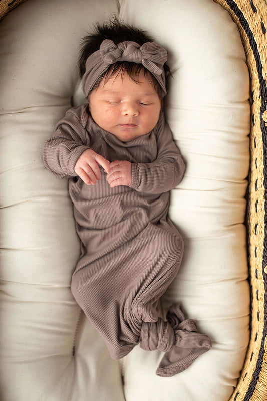 Cocoa Brown Ribbed Knotted Gown + Bow