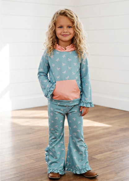 Teal & Pink Bow Hooded Ruffle Pocket Lounge Set