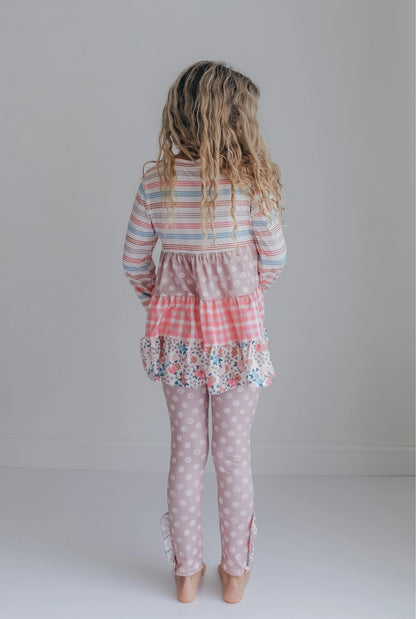 Girls Sand Floral 3 Tiered Fall Ruffle Button Legging Set