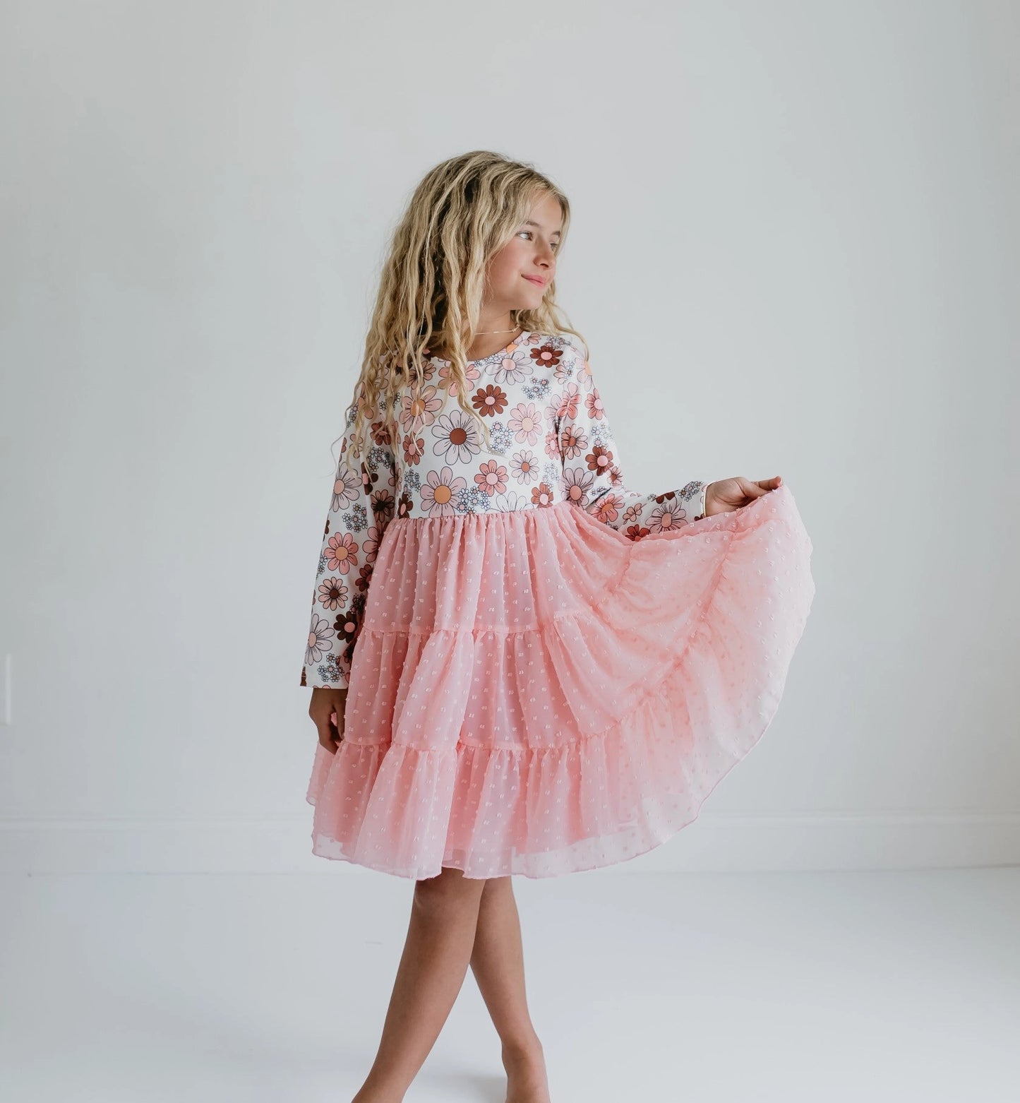 Girls Pink Retro Flower Print Swiss Dot Tulle Fall Dress
