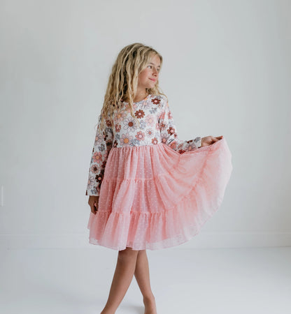 Girls Pink Retro Flower Print Swiss Dot Tulle Fall Dress