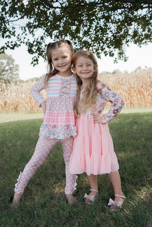 Girls Sand Floral 3 Tiered Fall Ruffle Button Legging Set