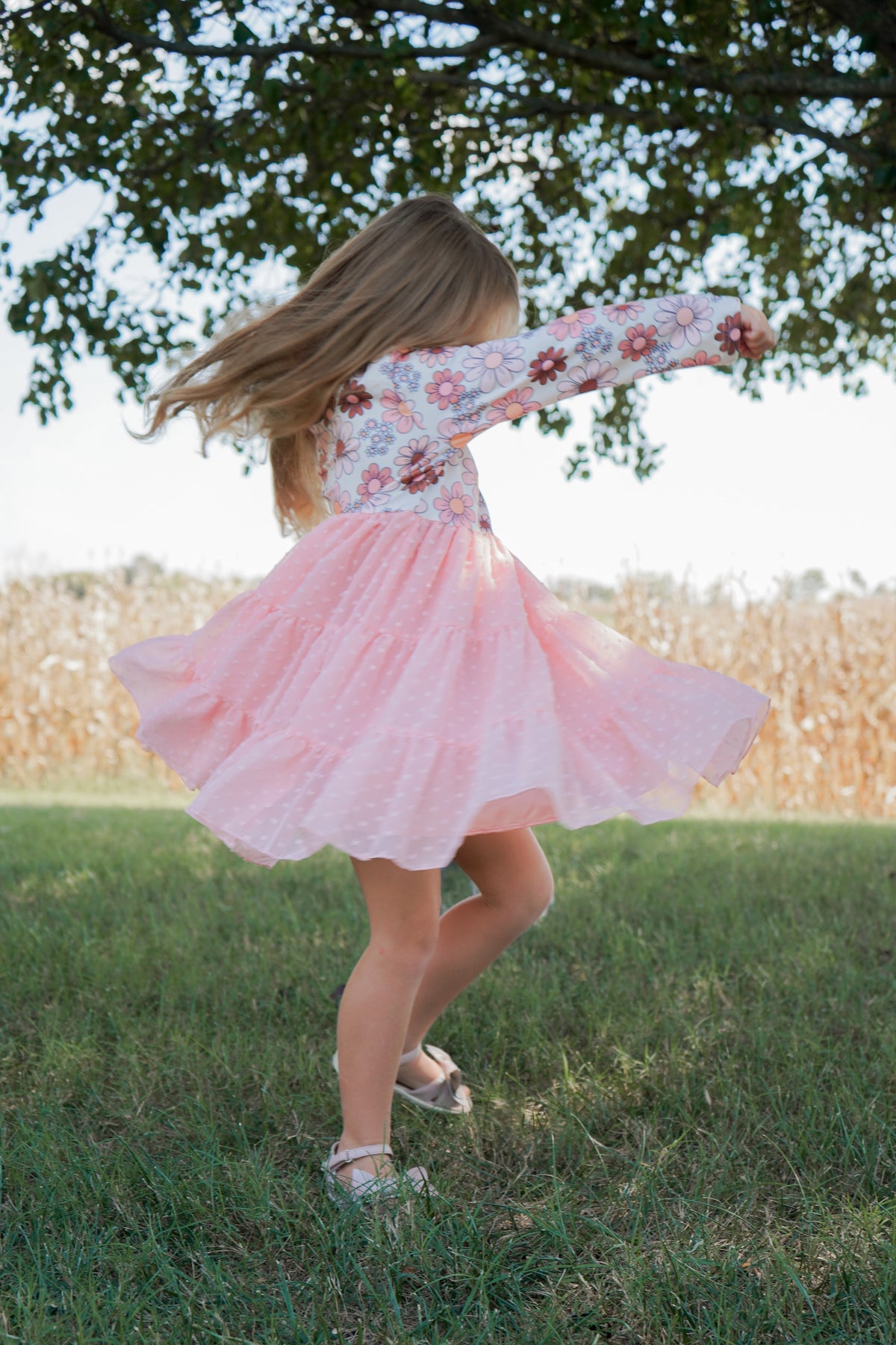 Girls Pink Retro Flower Print Swiss Dot Tulle Fall Dress