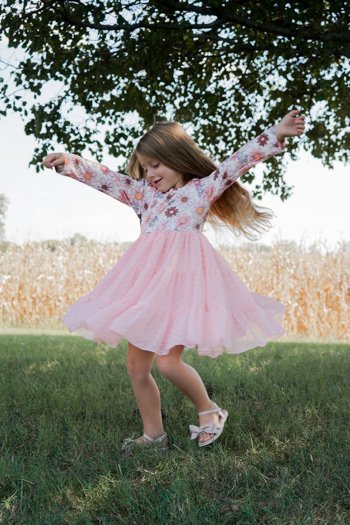 Girls Pink Retro Flower Print Swiss Dot Tulle Fall Dress