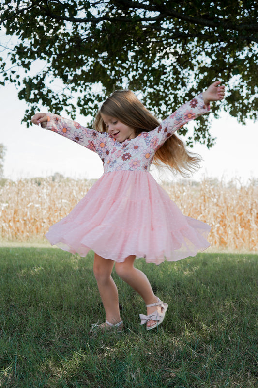 Girls Pink Retro Flower Print Swiss Dot Tulle Fall Dress