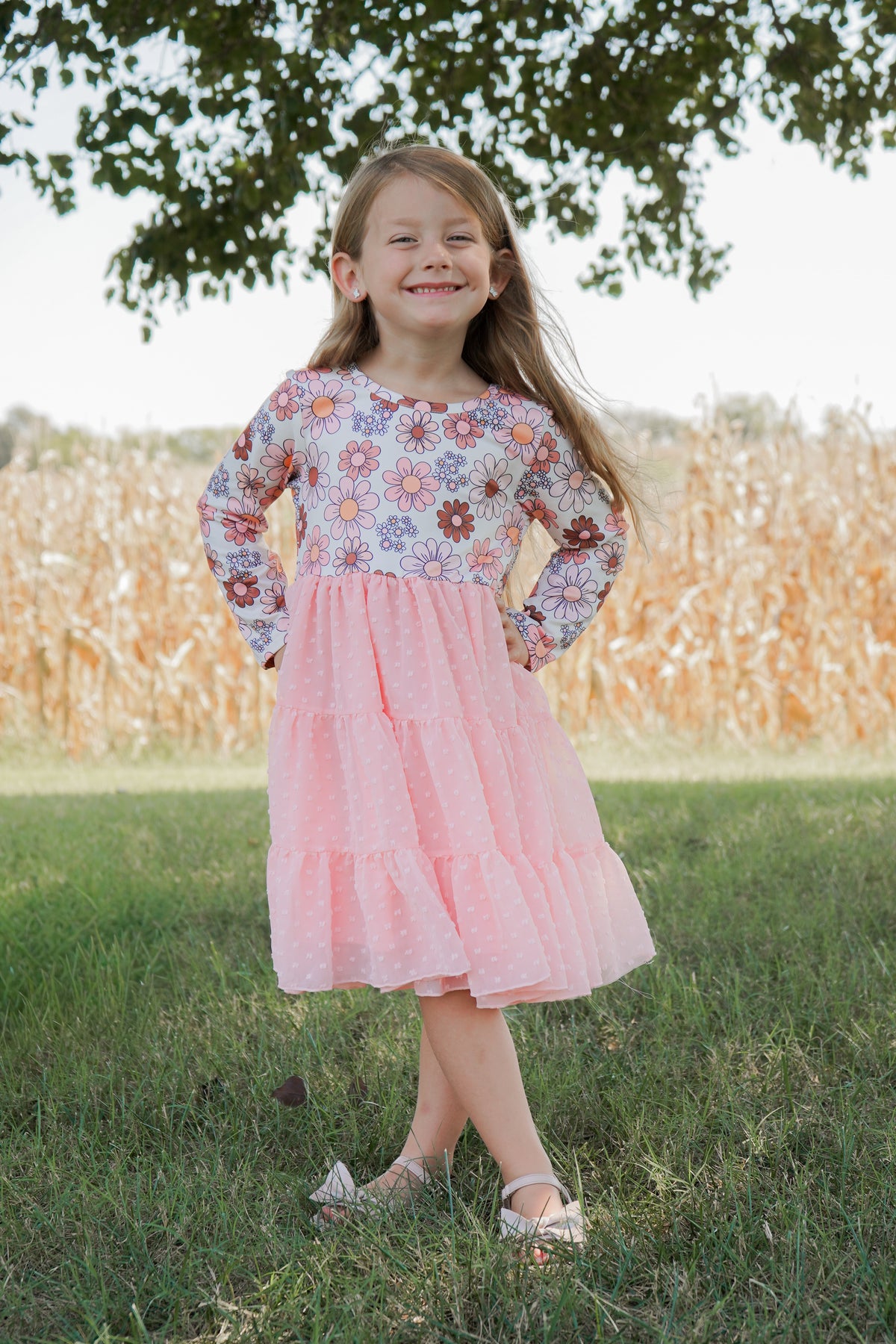 Girls Pink Retro Flower Print Swiss Dot Tulle Fall Dress