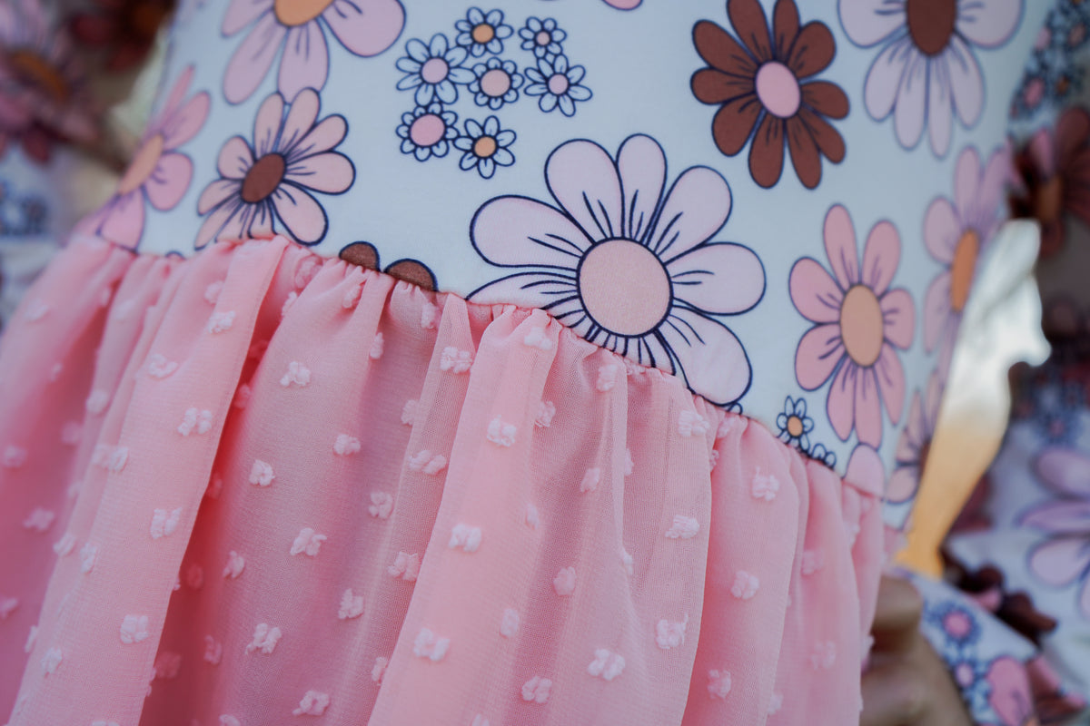Girls Pink Retro Flower Print Swiss Dot Tulle Fall Dress