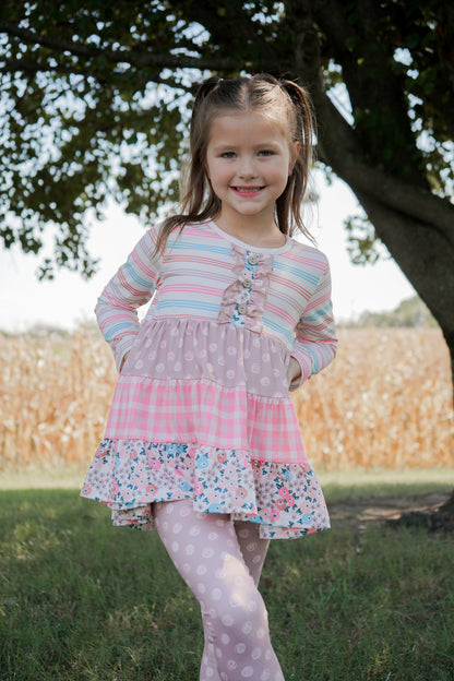 Girls Sand Floral 3 Tiered Fall Ruffle Button Legging Set