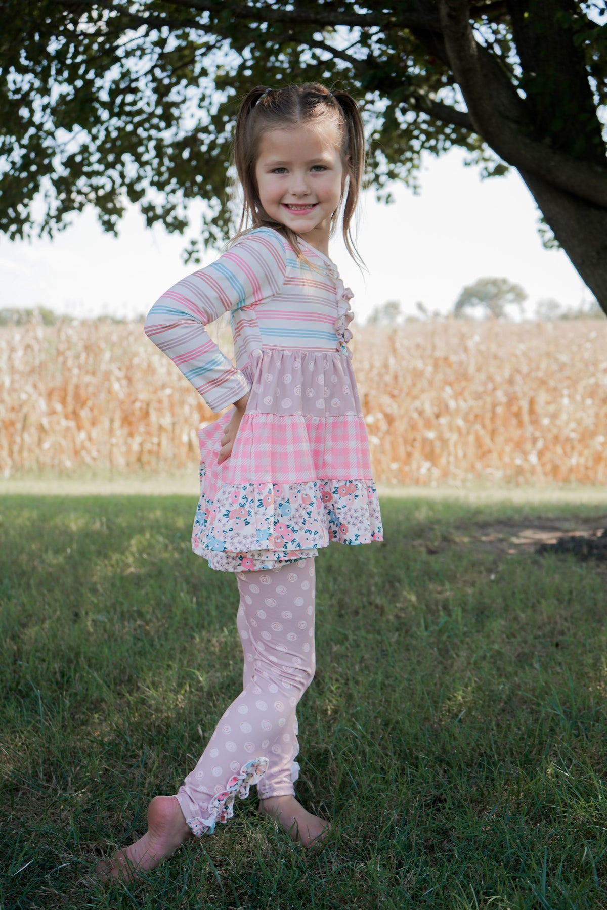 Girls Sand Floral 3 Tiered Fall Ruffle Button Legging Set