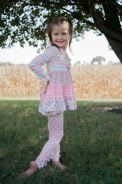 Girls Sand Floral 3 Tiered Fall Ruffle Button Legging Set