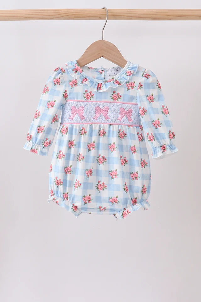 Blue Bow Smocked Floral Gingham Bubble