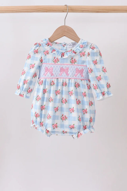 Blue Bow Smocked Floral Gingham Bubble