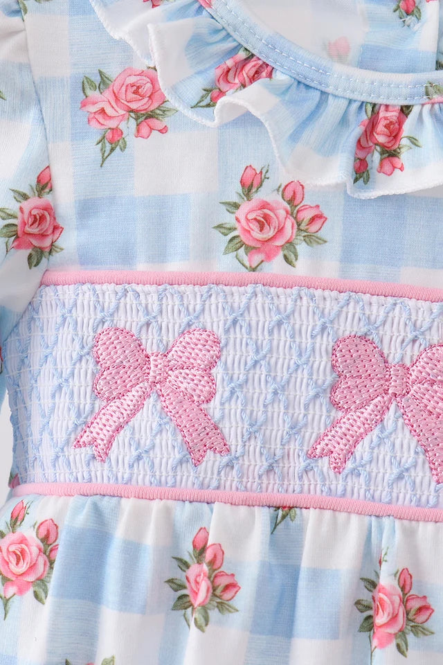 Blue Bow Smocked Floral Gingham Bubble