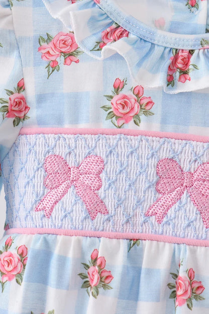 Blue Bow Smocked Floral Gingham Bubble