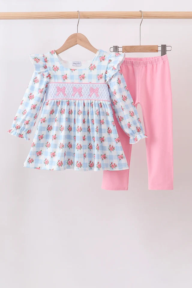 Blue Bow Smocked Gingham Pant Set