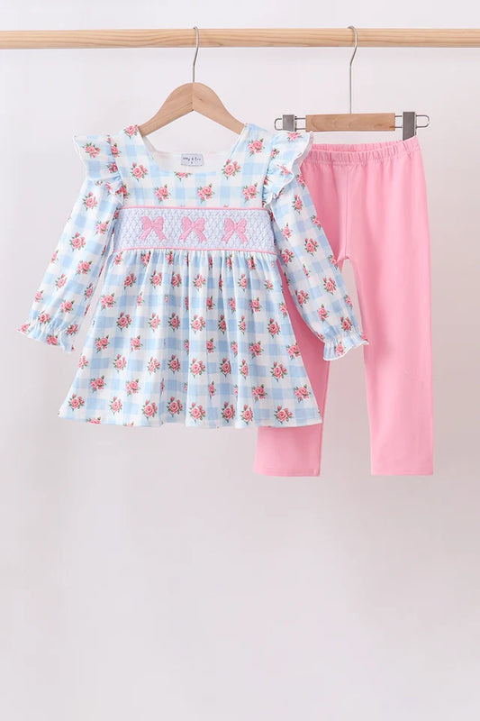 Blue Bow Smocked Gingham Pant Set