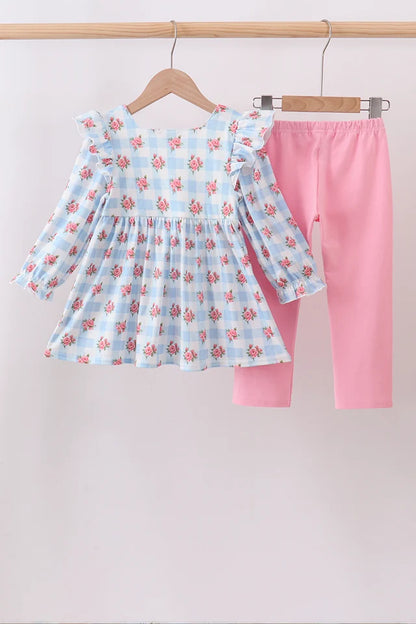Blue Bow Smocked Gingham Pant Set