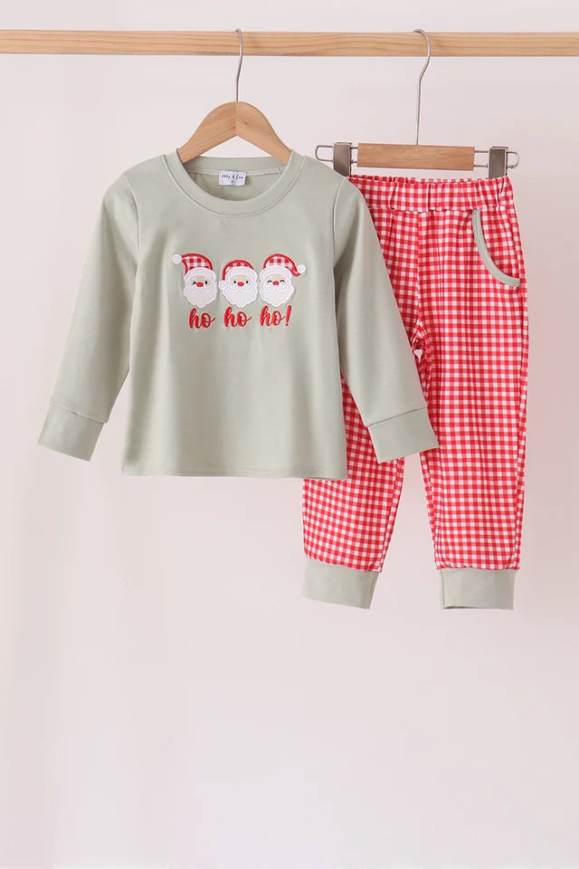 Sage Santa Applique Gingham Pants Set