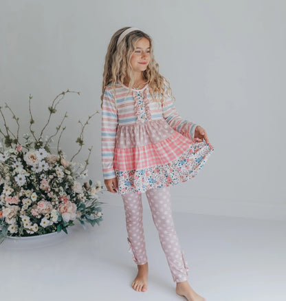 Girls Sand Floral 3 Tiered Fall Ruffle Button Legging Set