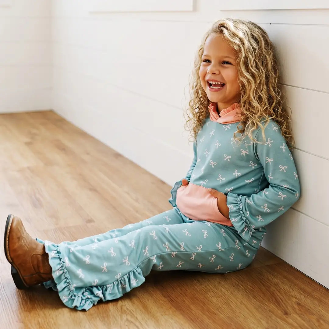 Teal & Pink Bow Hooded Ruffle Pocket Lounge Set