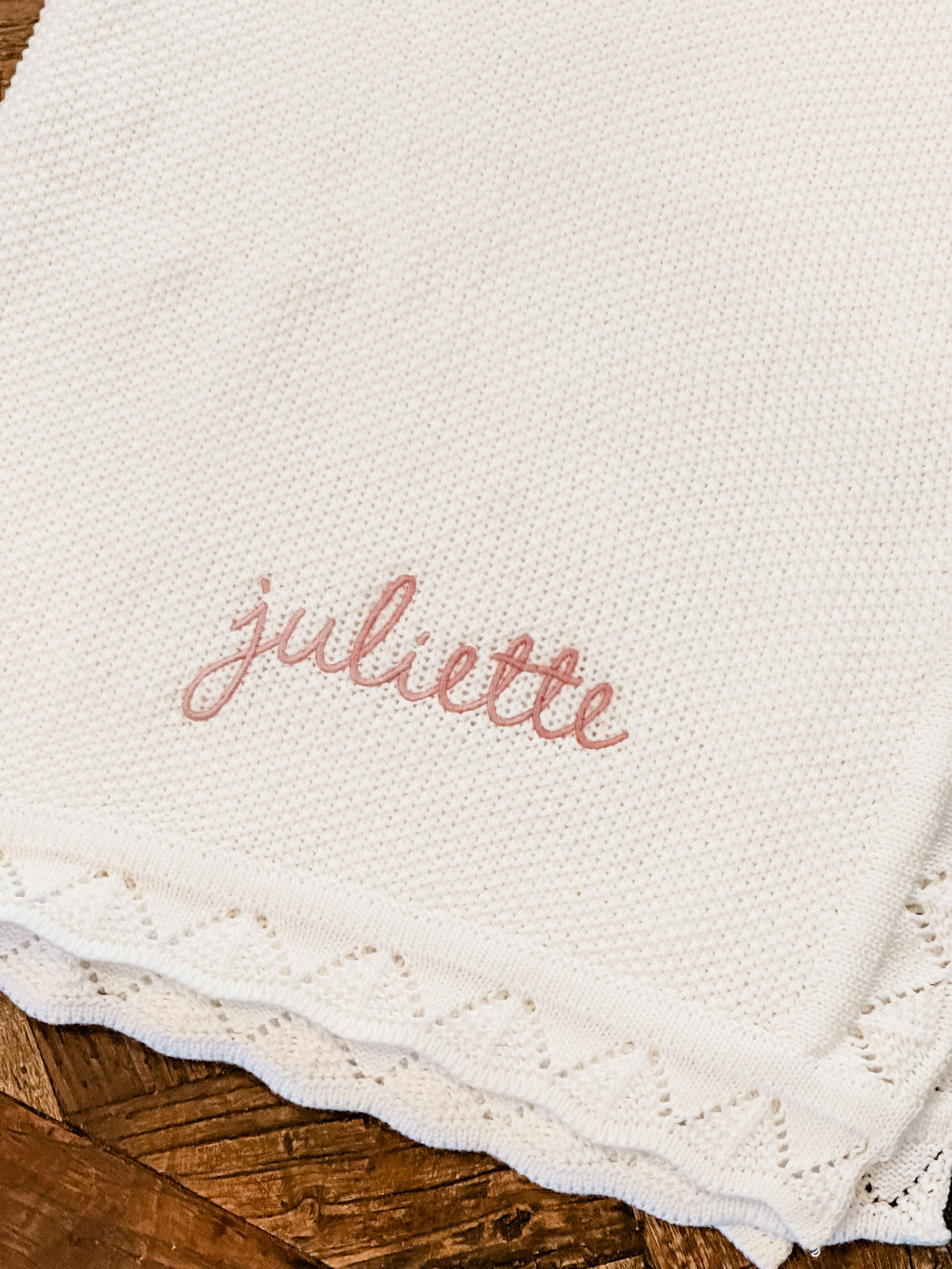 Pre Order Embroidered Knit Scalloped Edge Baby Blanket