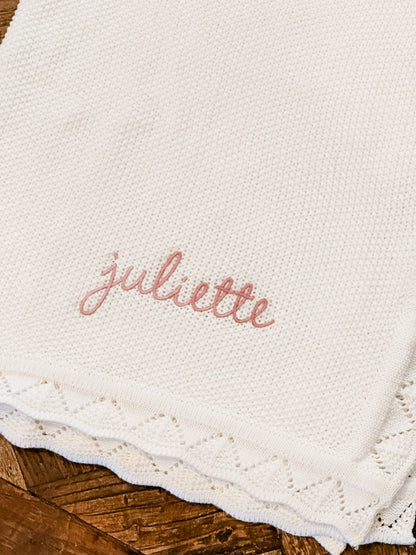 Pre Order Embroidered Knit Scalloped Edge Baby Blanket