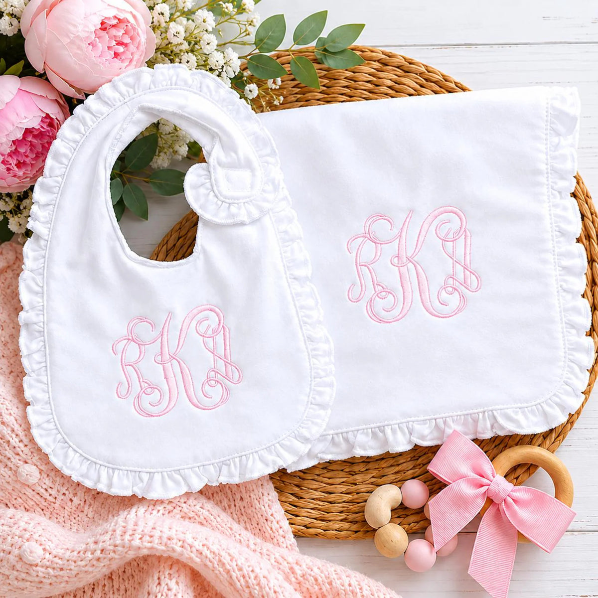 Pre Order Embroidered Ruffle Bib / Burp Cloth