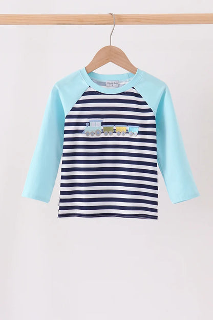 Blue Train Embroidered Stripe Top